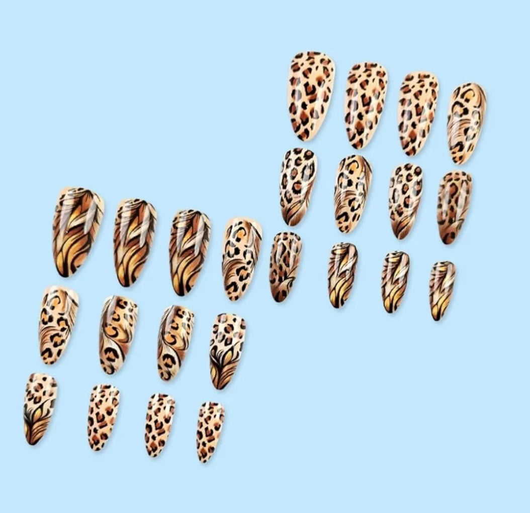 Chic Feather Leopard Print Gold Feather Press-On Nails Fake Artificial Nails 24 Pcs – Free Shipping