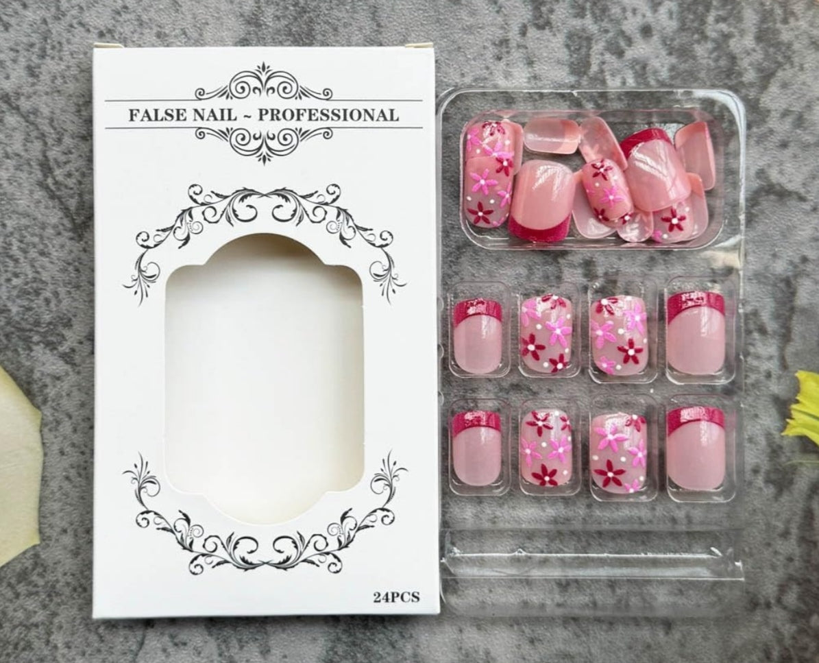 Chic Spring Floral French Tip Press-On Nails Fake Artificial Nails 24 Pcs – Free Shipping