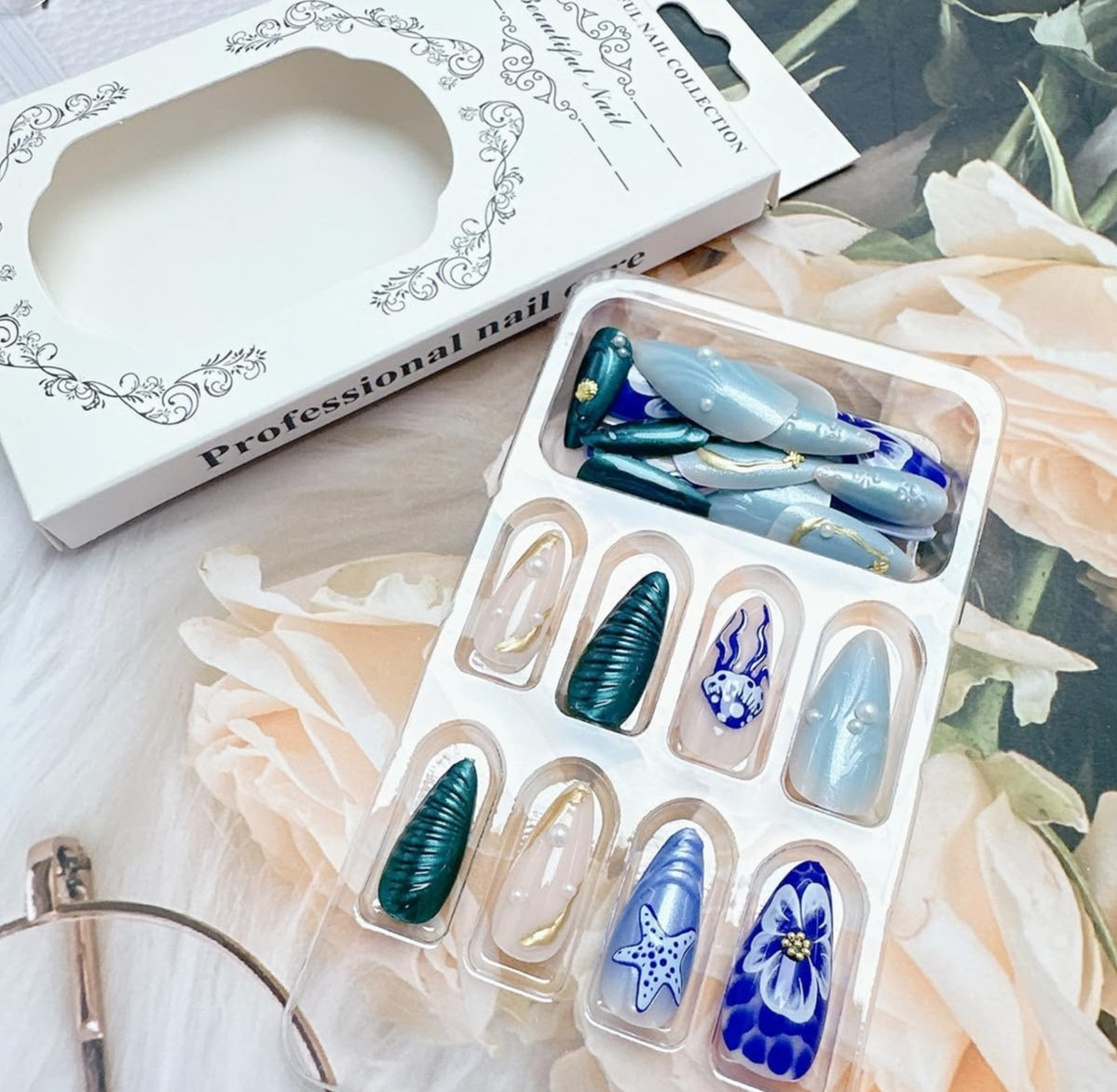 Stylish Blue Gradient 3D Pearl Ocean Theme Press-On Nails 24 Pcs - Free Shipping