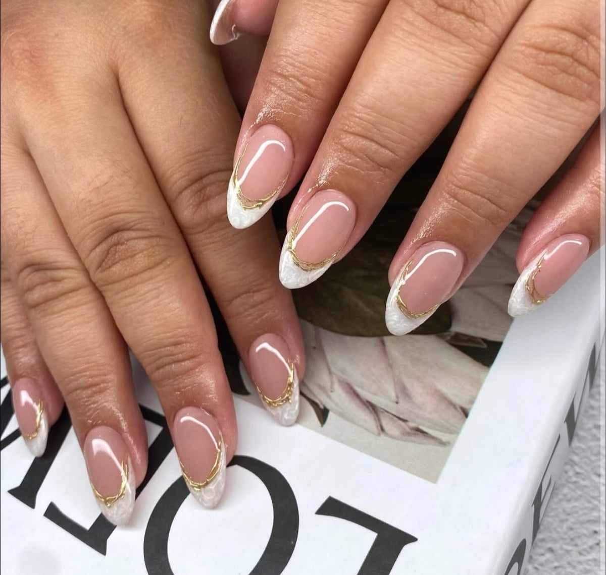 Elegant White French Marble Gold Accent Almond Press-On Nails False Nails 24 Pcs – Free Shipping