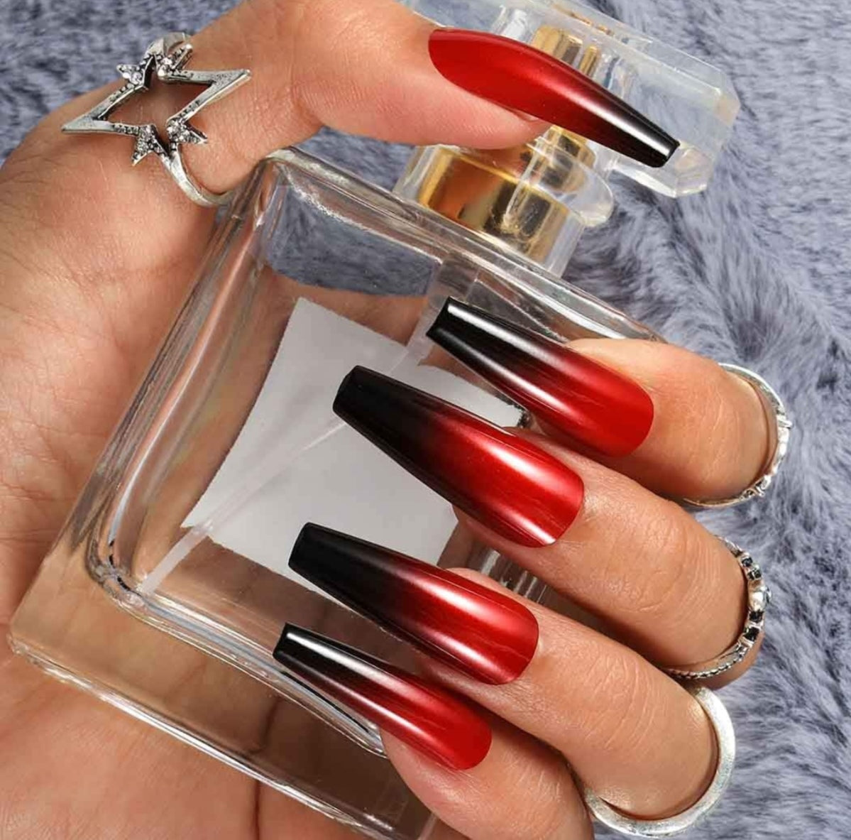Stunning Black Red Ombre Glossy Coffin Press-On Nails Artificial Nails 24 Pcs - Free Shipping