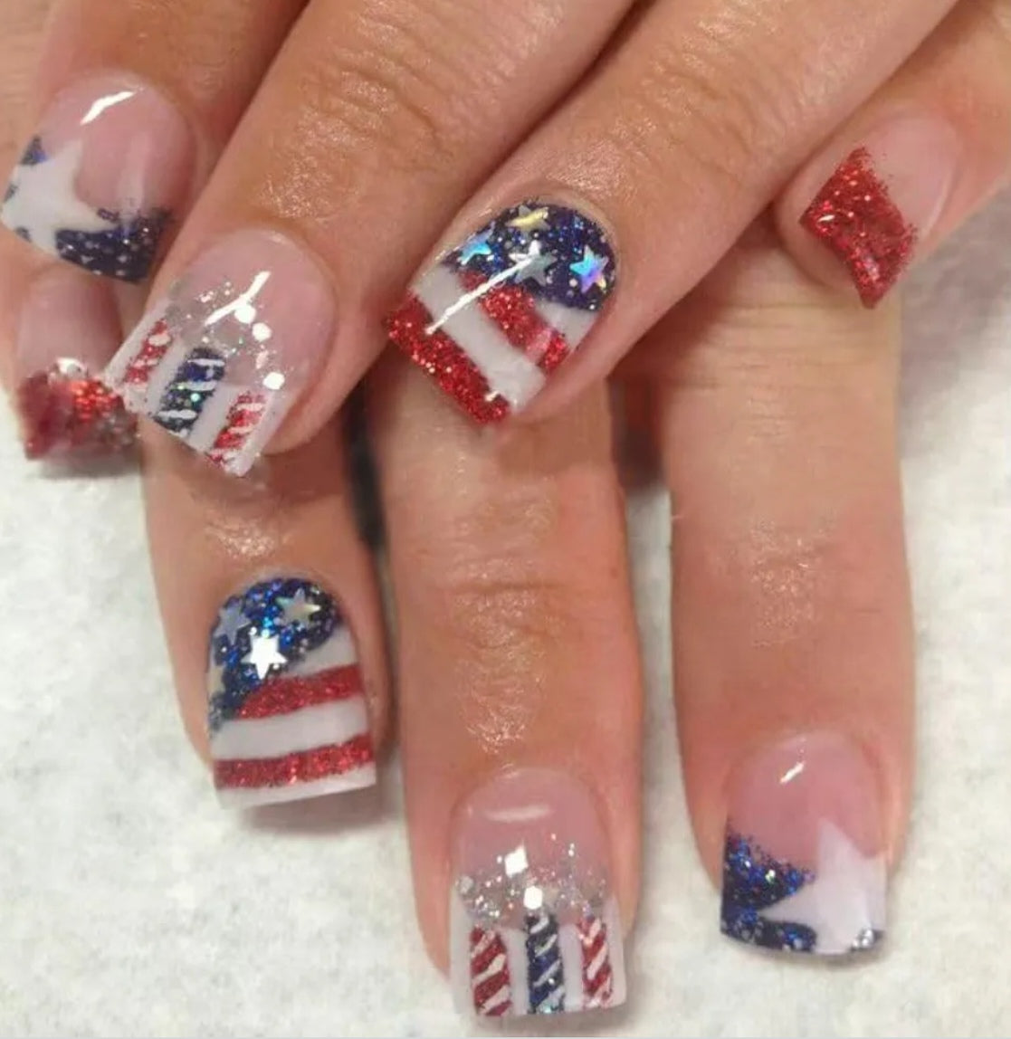 Chic Glitter Stripes Patriotic French Tip Press-On Nails Fake Artificial Nails 24 Pcs - Free Shipping