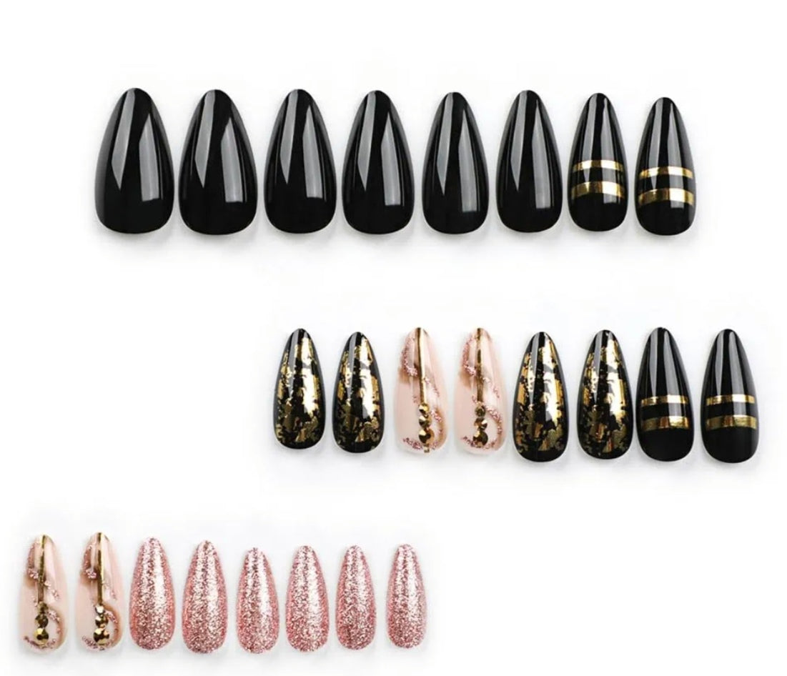 Trendy Black Gold Metallic Press-On Nails Fake Artificial Nails 24 Pcs–Free Shipping