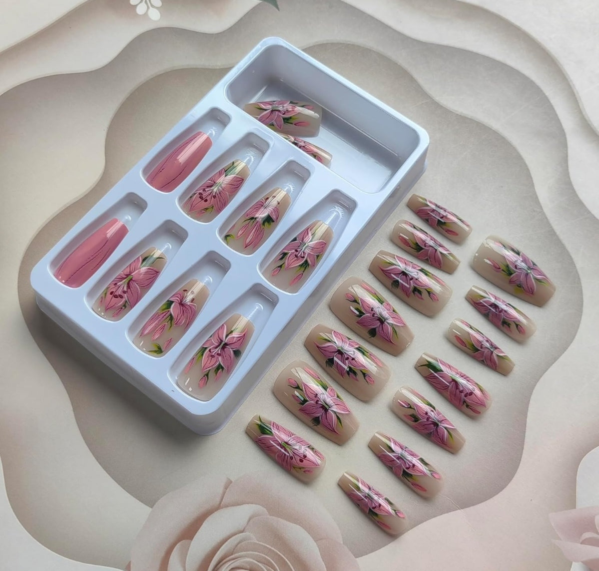 Pink Lily Floral Press-On Nails Artificial Nails 24 Pcs - Free Shipping