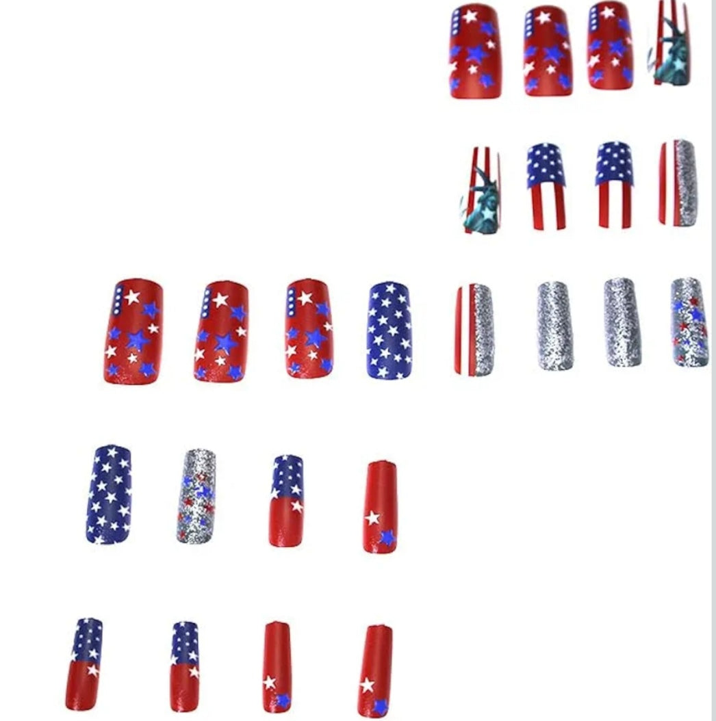Trendy Patriotic American Flag Silver Chrome 3D Stars Press-On Nails Fake Artificial Nails 24 Pcs – Free Shipping