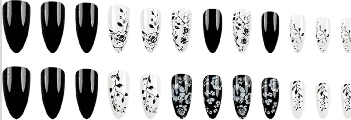 Chic Black White Floral Press-On Nails Fake Artificial Nails 24 Pcs – Free Shipping