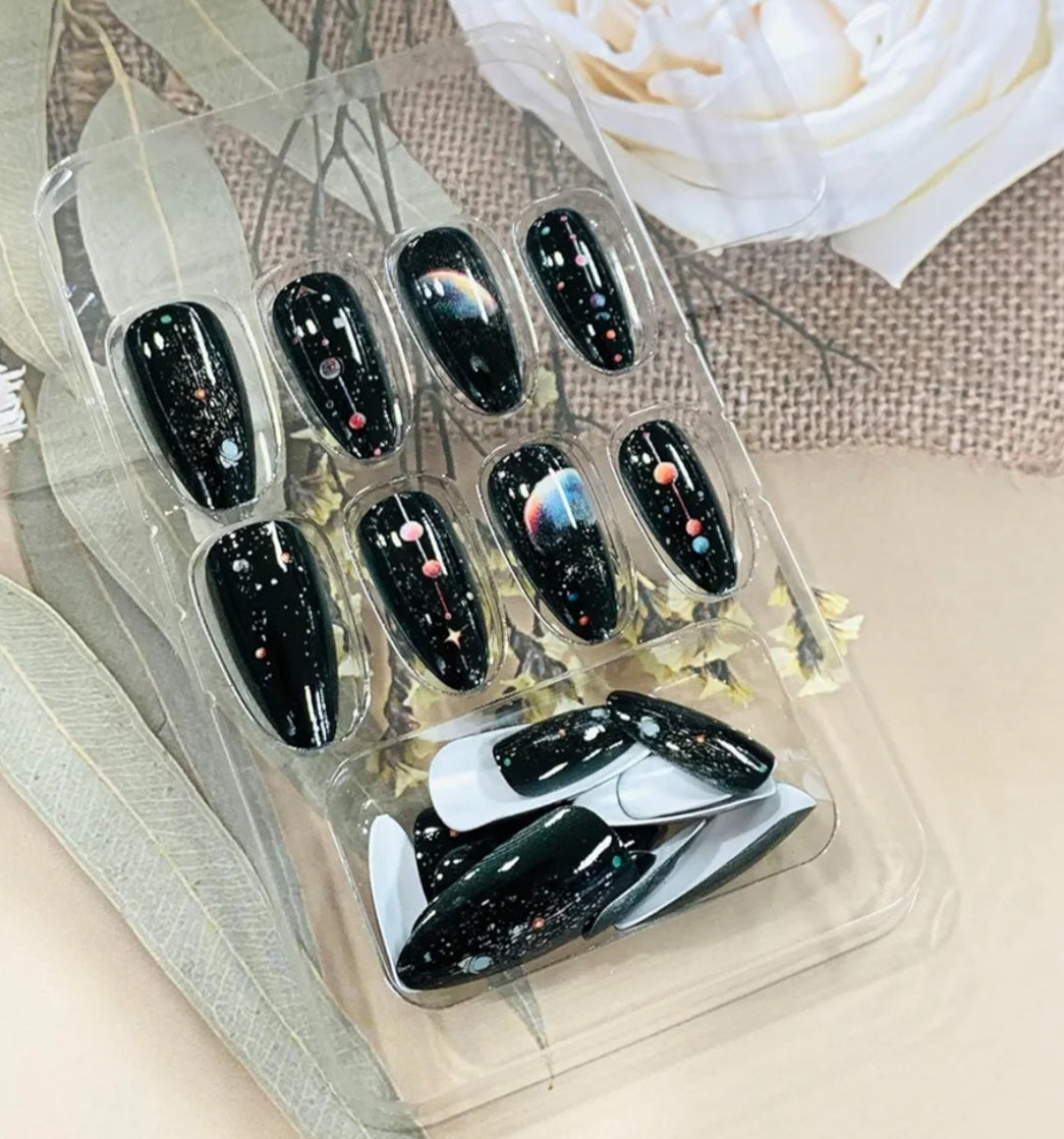 Stylish Black Galaxy Space Nail Art Press-On Nails Fake Artificial Nails 24 Pcs – Free Shipping