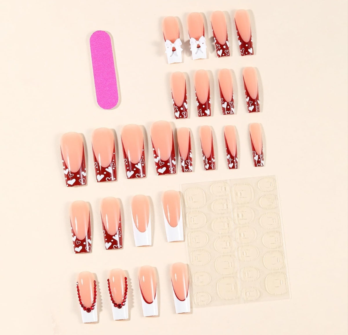 Elegant French Heart 3D Bow Rhinestones Coffin Press-On Nails False Nails 24 Pcs - Free Shipping