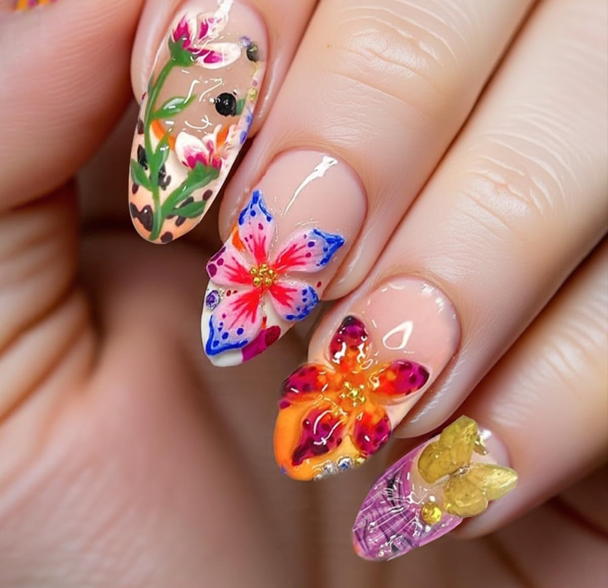 Vibrant Spring Butterfly Floral 3D Rhinestone Press-On Nails Fake Nails 24 Pcs – Free Shipping