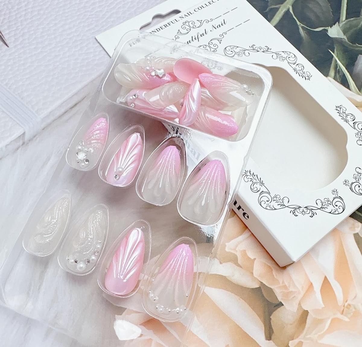 Stunning Pink Pearl 3D Seashell Rhinestones Press-On Nails Artificial Nails 24 Pcs – Free Shipping