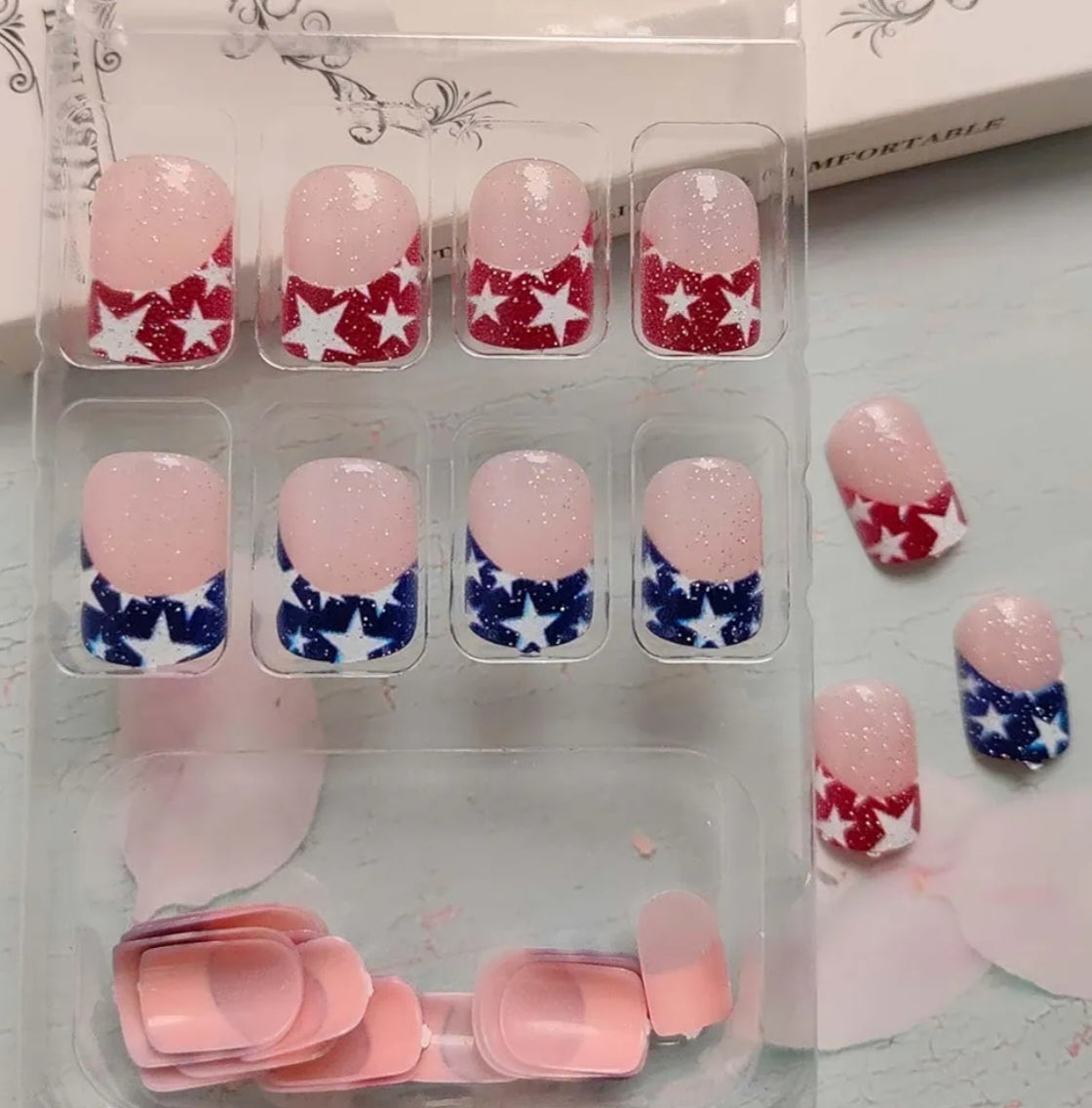 Chic French Glitter Tip Patriotic Stars Press-On Nails Fake Artificial Nails 24 Pcs – Free Shipping