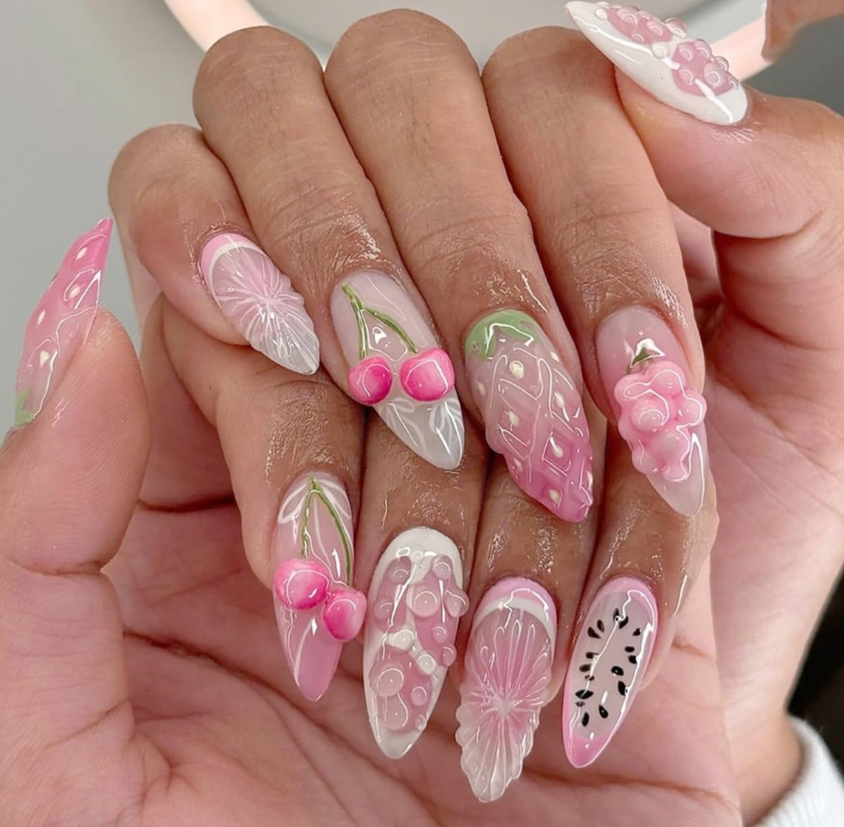Stylish 3D Pink Cherry Grape Press-On Nails Fake Nails 24 Pcs - Free Shipping
