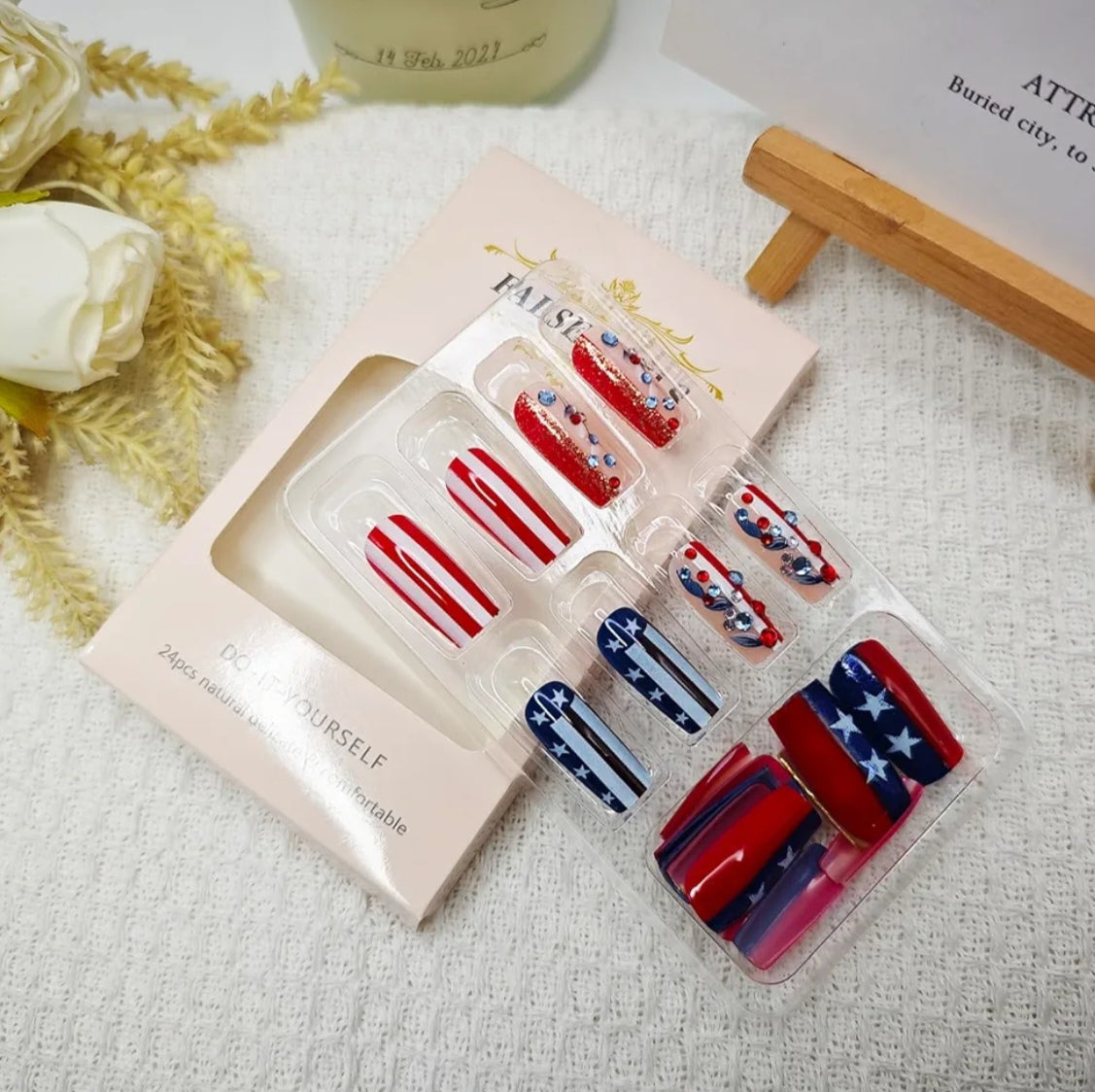 Elegant American Flag Glitter Star Stripes Press-On Nails Fake Artificial Nails  24 Pcs – Free Shipping