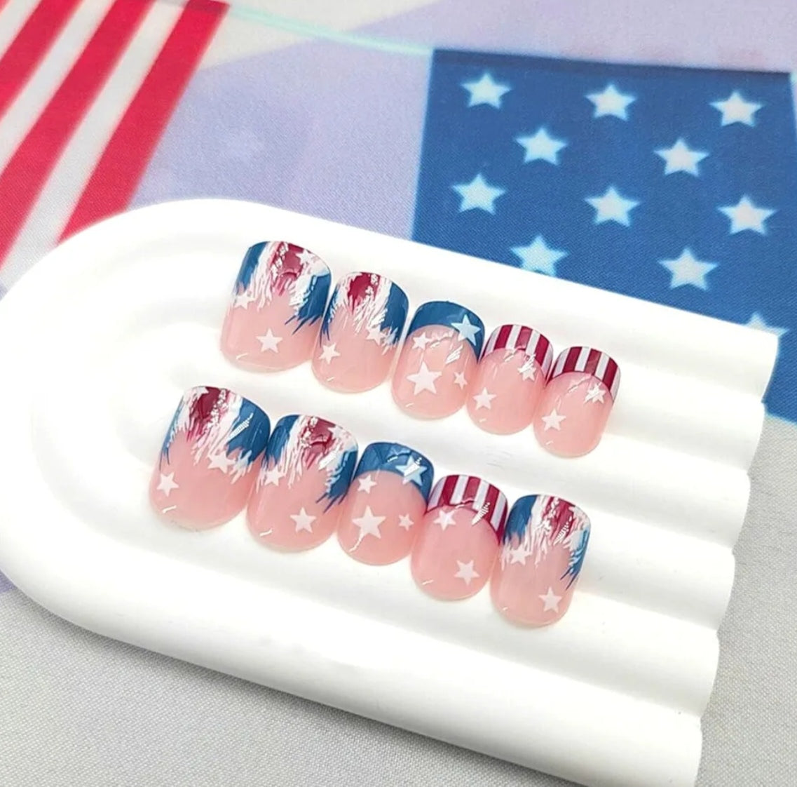 Trendy Patriotic Red White Blue French Tip Star Design Press-On Nails Fake Artificial Nails 24 Pcs-Free Shipping