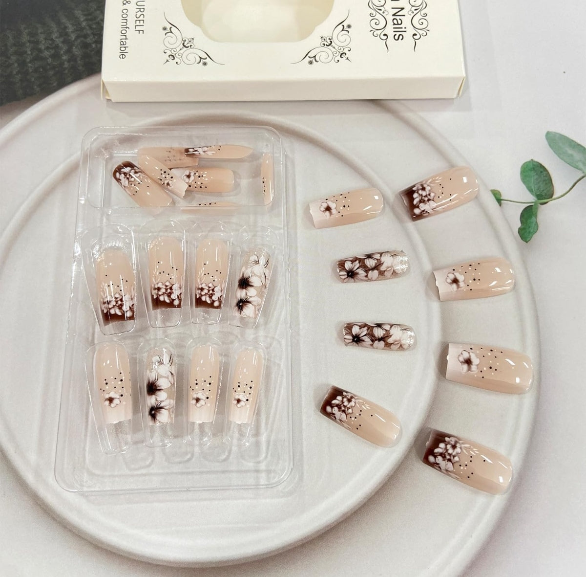 Floral Brown French Tip Press-On Nails Artificial Nails 24 Pcs - Free Shipping
