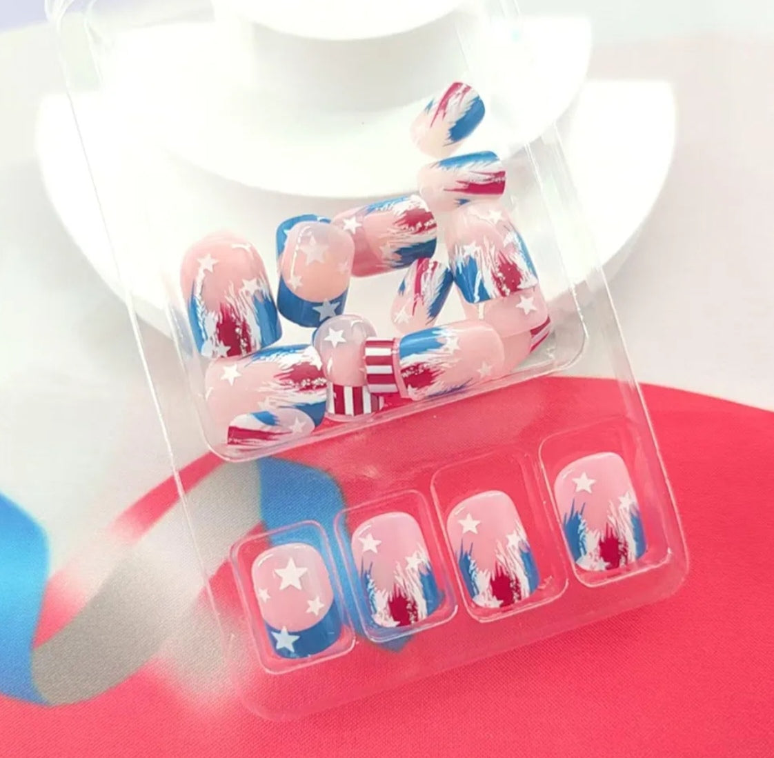 Trendy Patriotic Red White Blue French Tip Star Design Press-On Nails Fake Artificial Nails 24 Pcs-Free Shipping