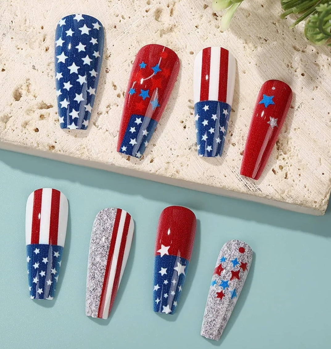 Trendy Patriotic American Flag Silver Chrome 3D Stars Press-On Nails Fake Artificial Nails 24 Pcs – Free Shipping