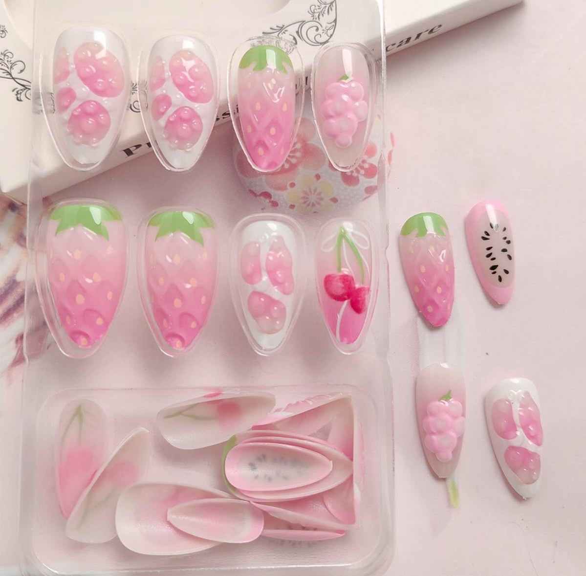 Stylish 3D Pink Cherry Grape Press-On Nails Fake Nails 24 Pcs - Free Shipping