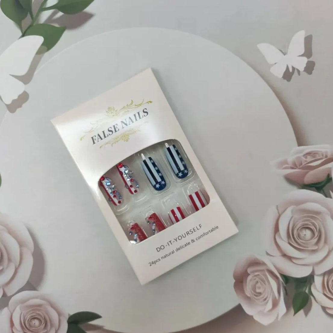 Elegant American Flag Glitter Star Stripes Press-On Nails Fake Artificial Nails  24 Pcs – Free Shipping