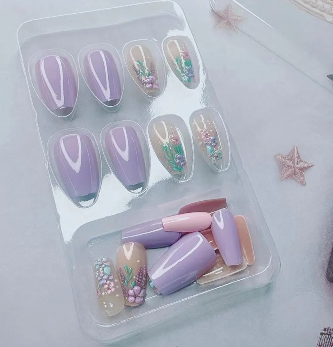 Stylish Colorful Pastel Floral Garden Press-On Nails Fake Artificial Nails 24 Pcs-Free Shipping