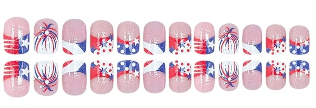 Trendy Glitter French Rhinestone Patriotic Fireworks Press-On Nails Fake Artificial Nails 24 Pcs - Free Shipping