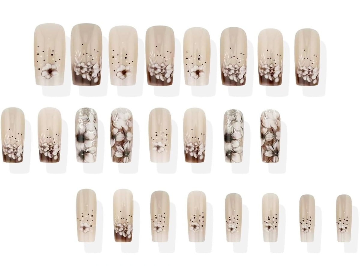 Floral Brown French Tip Press-On Nails Artificial Nails 24 Pcs - Free Shipping