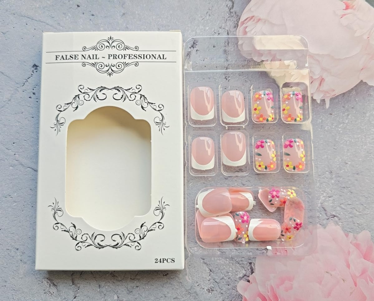 Stylish Spring Flower French Tip Press-On Nails Fake Artificial Nails 24 Pcs-Free Shipping