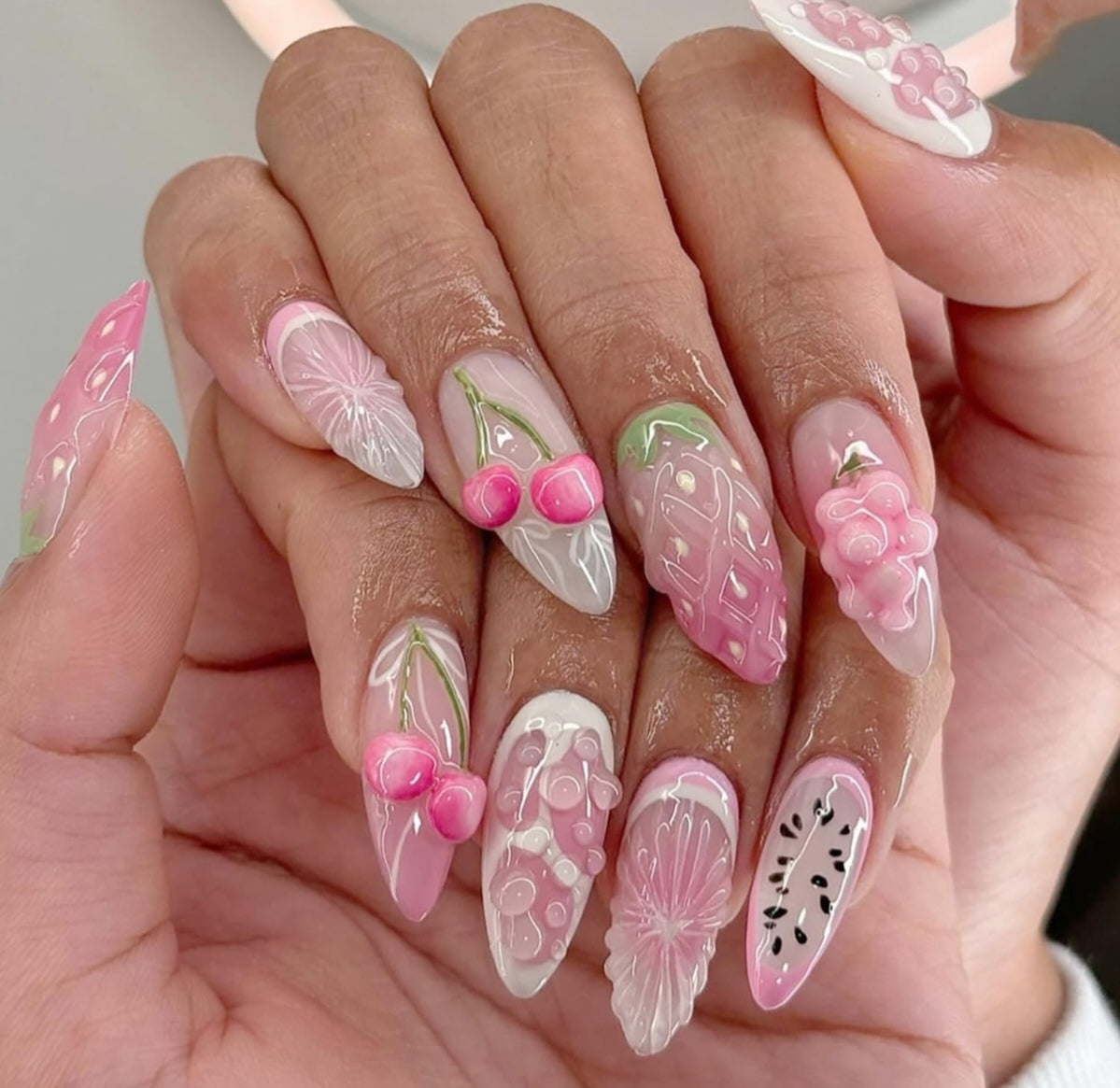 Stylish 3D Pink Cherry Grape Press-On Nails Fake Nails 24 Pcs - Free Shipping