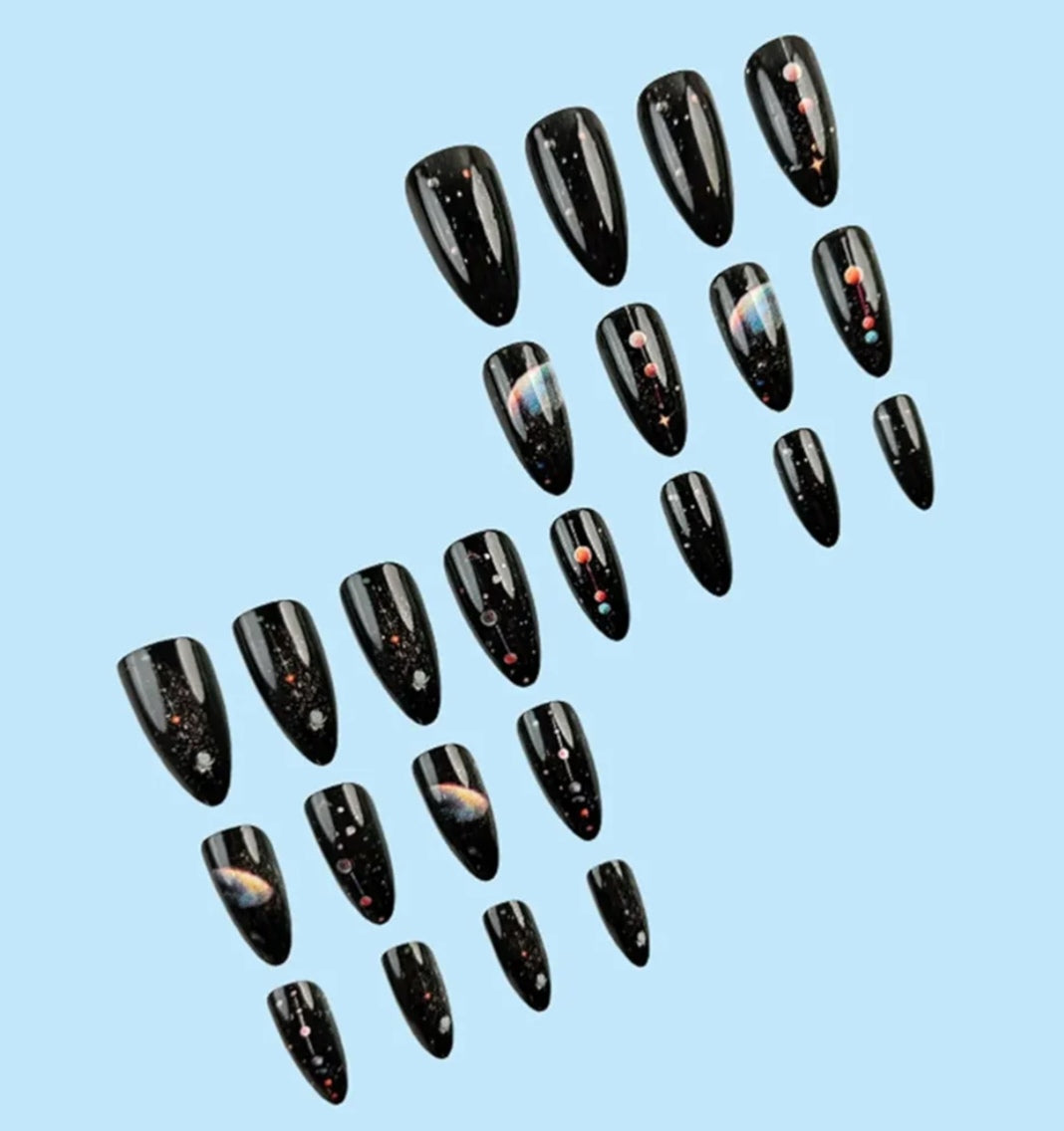 Stylish Black Galaxy Space Nail Art Press-On Nails Fake Artificial Nails 24 Pcs – Free Shipping