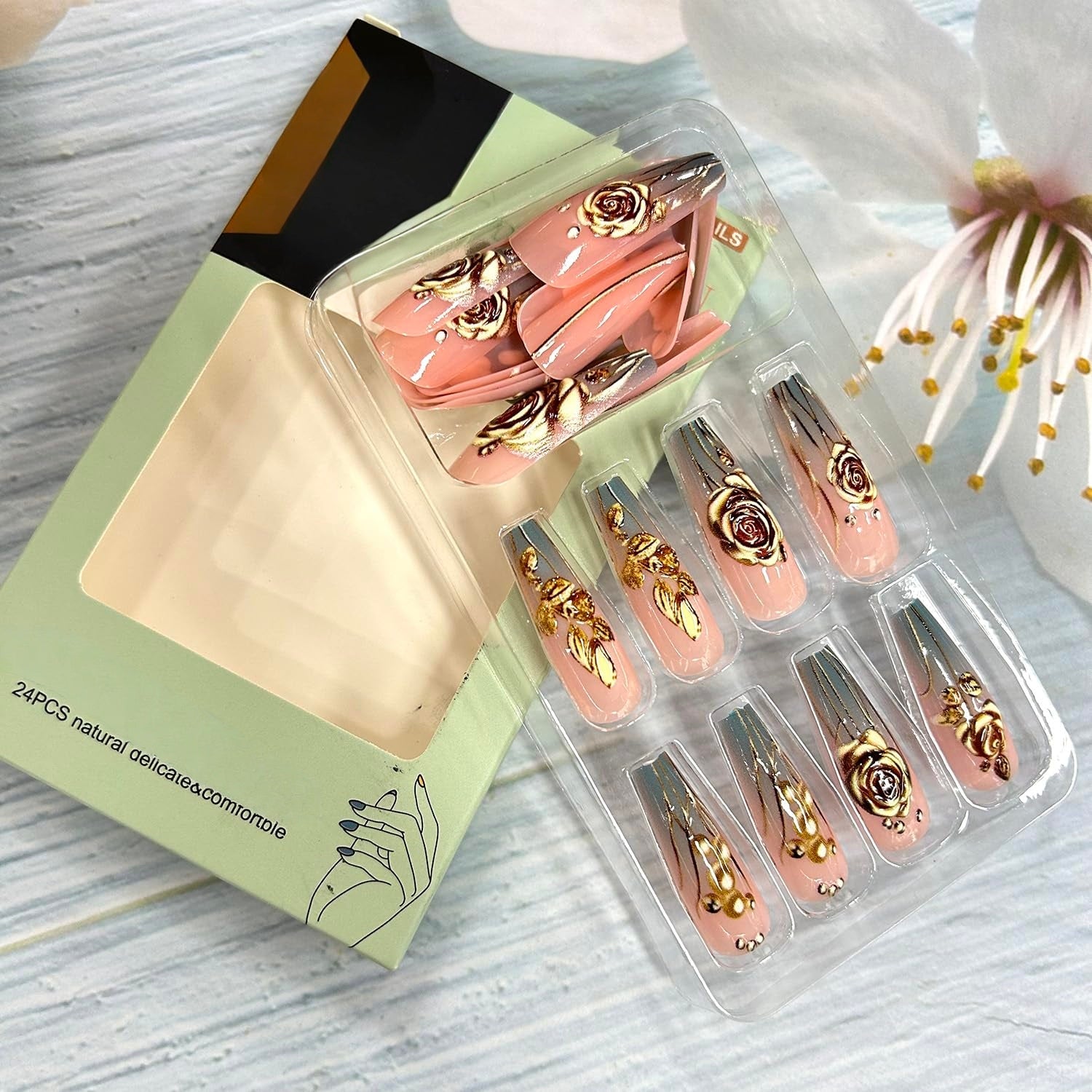 Luxurious Gold Rose 3D Rhinestone Pearl Coffin Press-On Nails False Nails 24 Pcs – Free Shipping