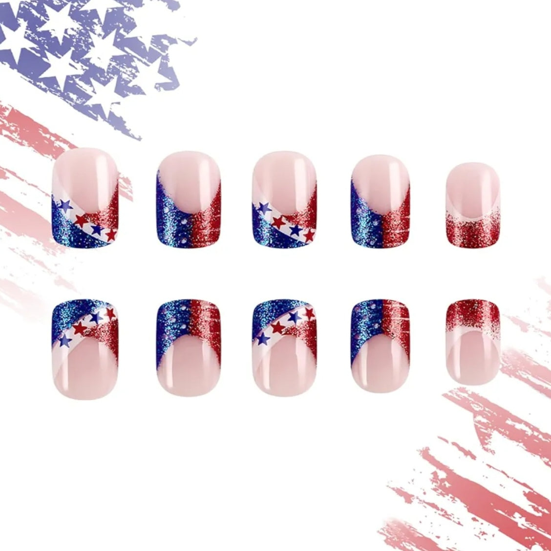 Trendy Patriotic Red White Blue French Glitter Stars Press-On Nails Fake Artificial Nails 24 Pcs – Free Shipping