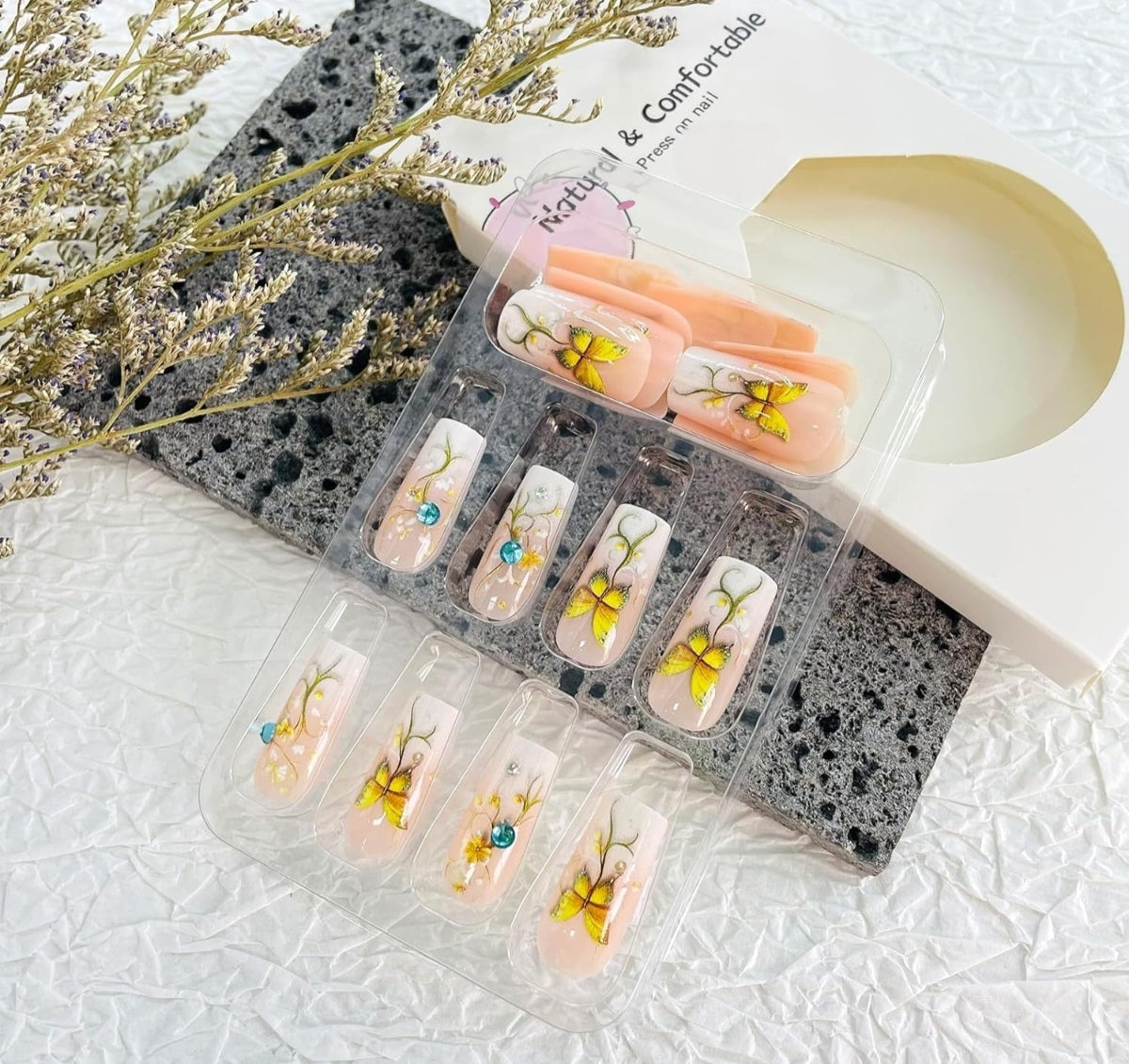 Butterfly French Floral Rhinestone  Press-On Nails Fake Nails 24 Pcs - Free Shipping