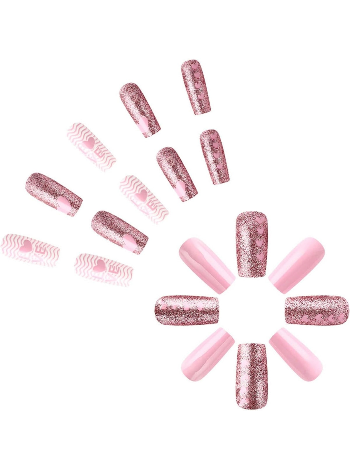 Stunning Pink Heart LOVE Glitter Valentine's Press-On Nails Acrylic Fake Nails-Free Shipping