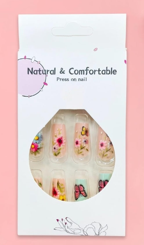 Cute Spring Floral Butterfly Coffin Press-On Nails Artificial Nails 24 Pcs - Free Shipping