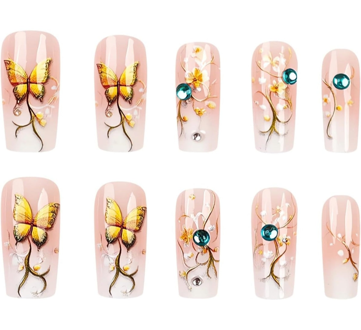 Butterfly French Floral Rhinestone  Press-On Nails Fake Nails 24 Pcs - Free Shipping