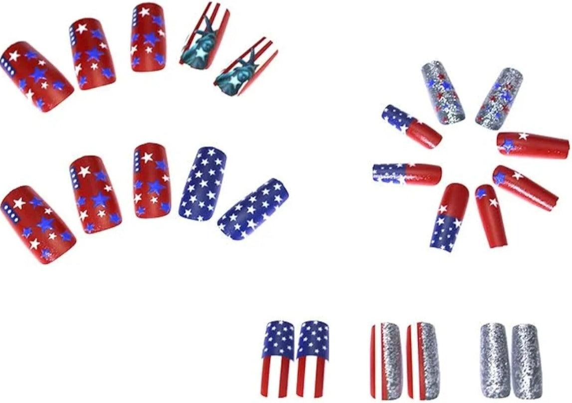 Trendy Patriotic American Flag Silver Chrome 3D Stars Press-On Nails Fake Artificial Nails 24 Pcs – Free Shipping