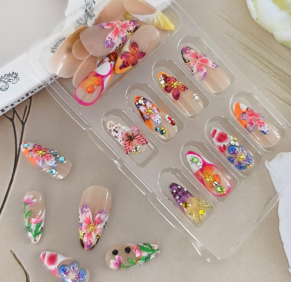 Vibrant Spring Butterfly Floral 3D Rhinestone Press-On Nails Fake Nails 24 Pcs – Free Shipping