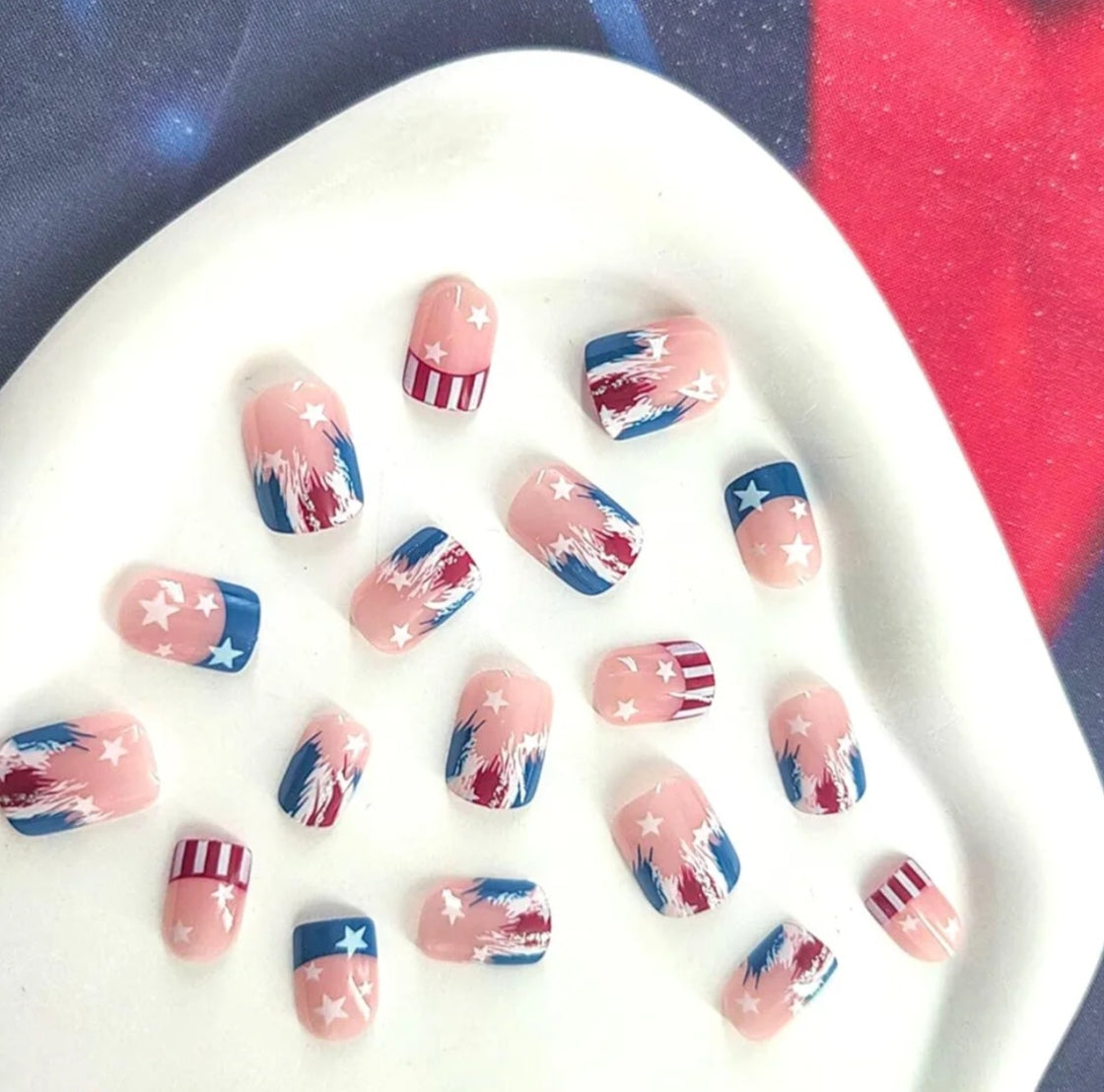 Trendy Patriotic Red White Blue French Tip Star Design Press-On Nails Fake Artificial Nails 24 Pcs-Free Shipping