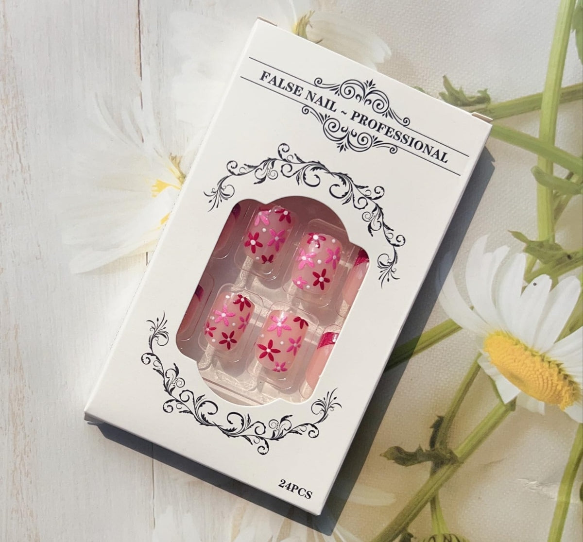 Chic Spring Floral French Tip Press-On Nails Fake Artificial Nails 24 Pcs – Free Shipping