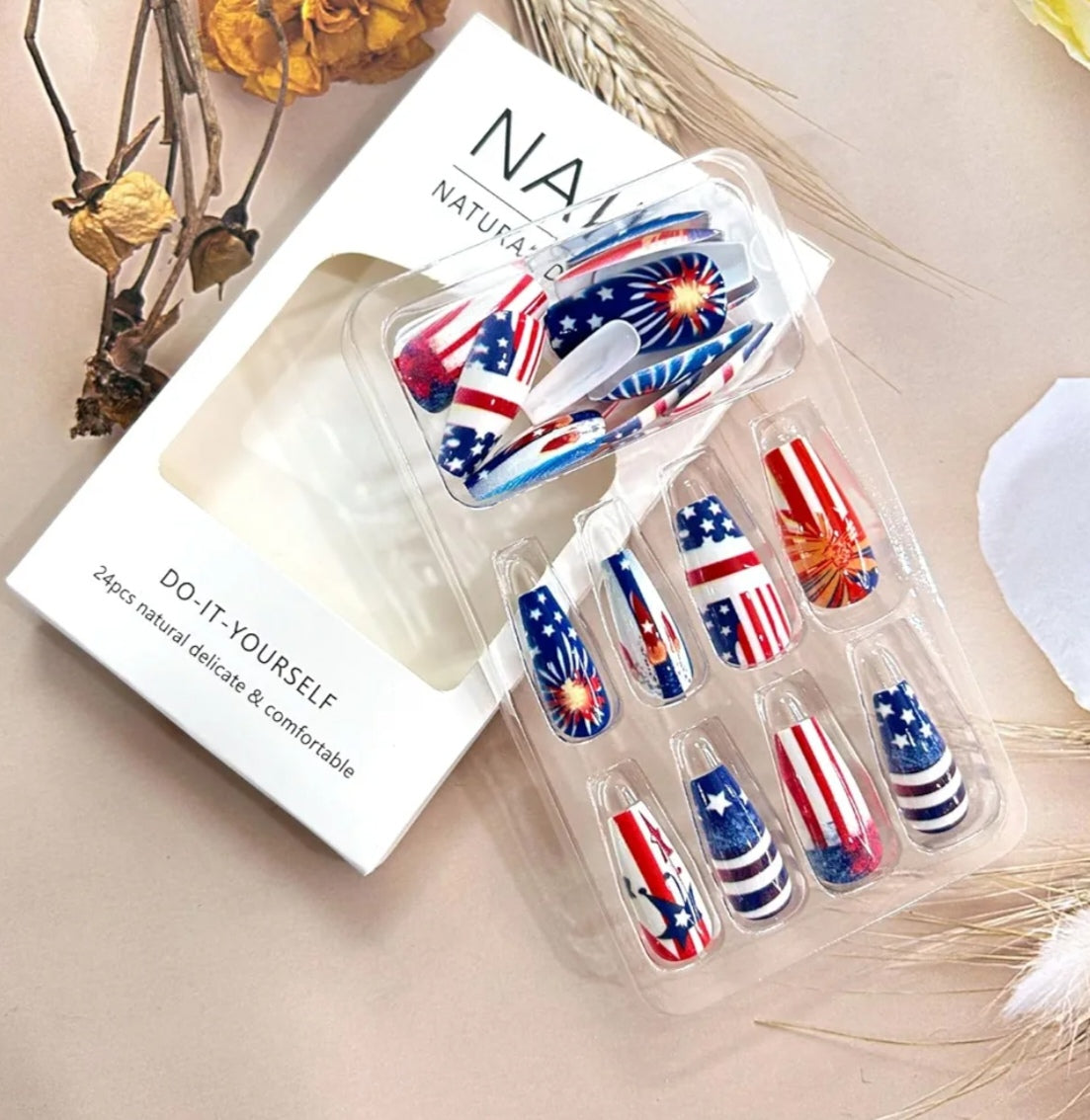 Stylish Fourth of July Fireworks Press-On Nails Fake Artificial Nails 24 Pcs - Free Shipping