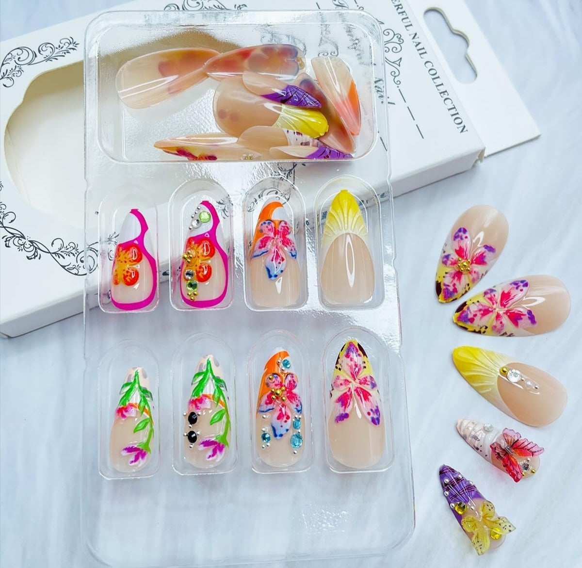 Vibrant Spring Butterfly Floral 3D Rhinestone Press-On Nails Fake Nails 24 Pcs – Free Shipping