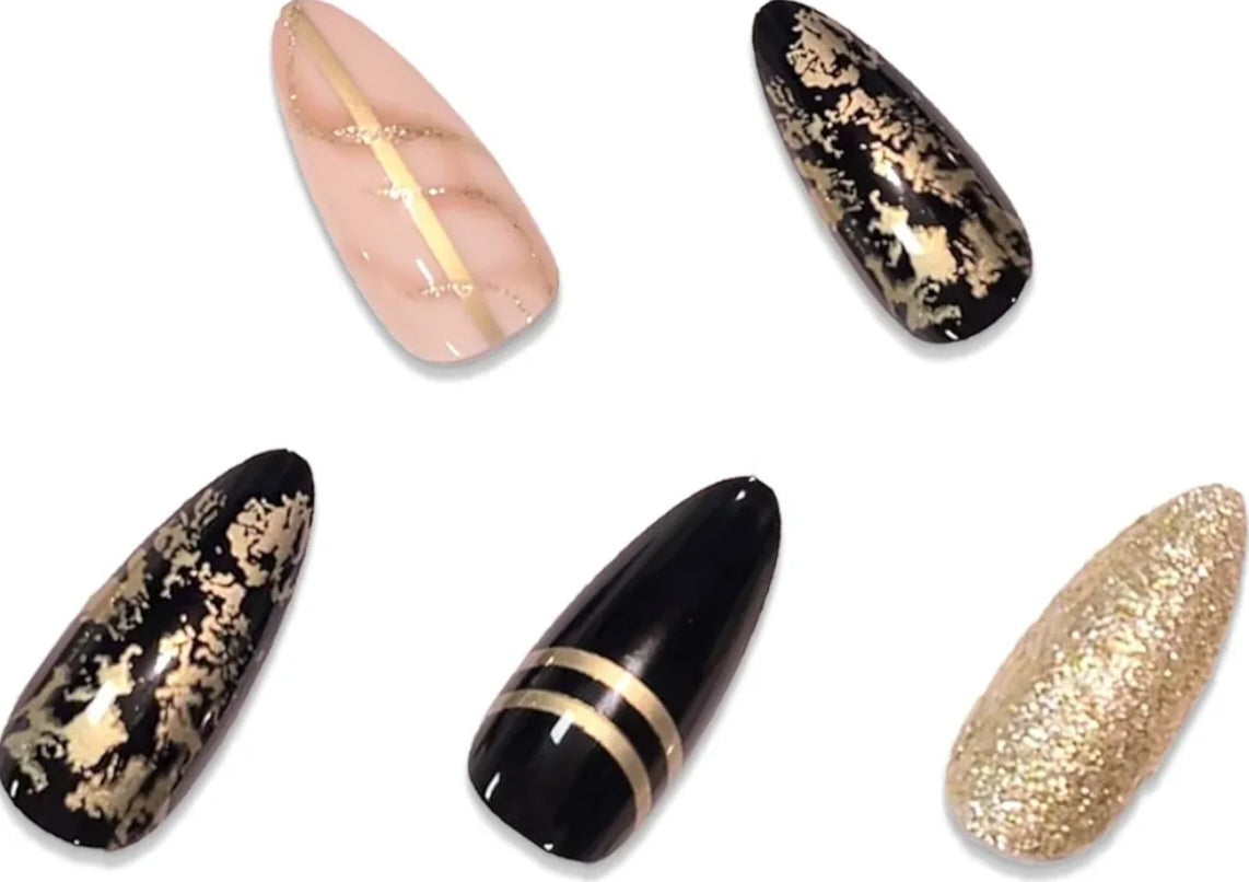 Trendy Black Gold Metallic Press-On Nails Fake Artificial Nails 24 Pcs–Free Shipping