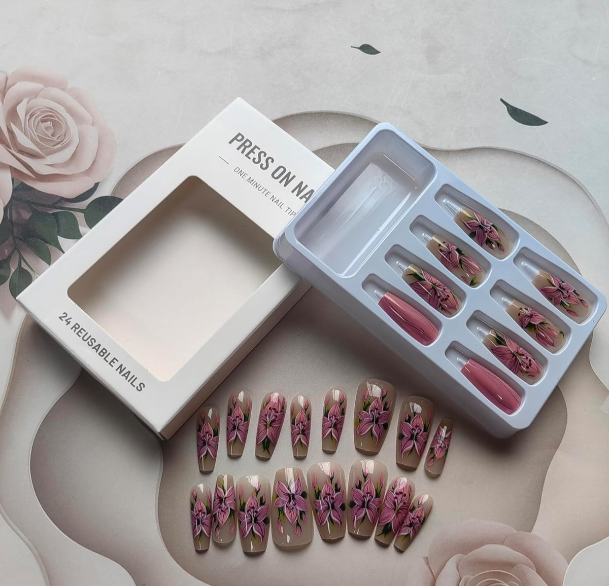 Pink Lily Floral Press-On Nails Artificial Nails 24 Pcs - Free Shipping