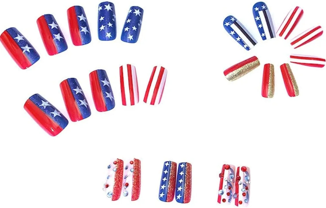 Elegant American Flag Glitter Star Stripes Press-On Nails Fake Artificial Nails  24 Pcs – Free Shipping