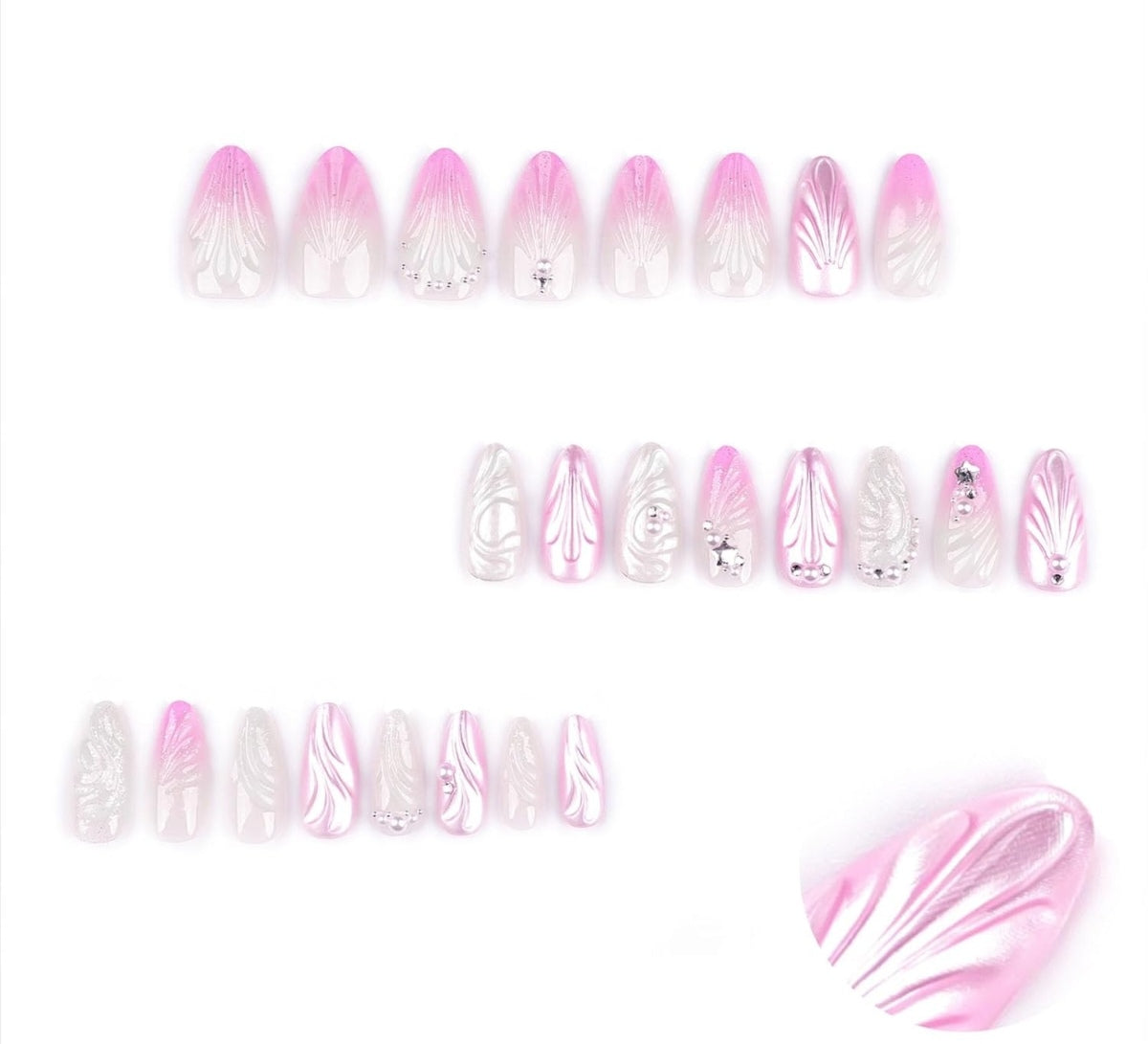 Stunning Pink Pearl 3D Seashell Rhinestones Press-On Nails Artificial Nails 24 Pcs – Free Shipping