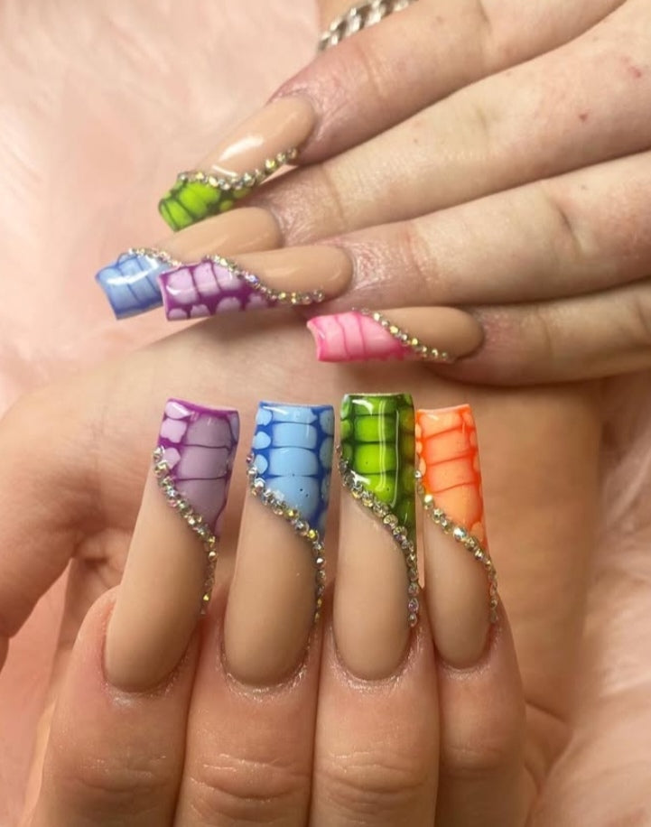 Vibrant Multicolor Croc French 3D Rhinestone Coffin Press-On Nails Fake Nails 24 Pcs - Free Shipping