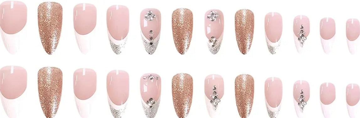 Elegant Glitter French Rhinestone Press-On Nails Fake Artificial Nails 24 Pcs – Free Shipping