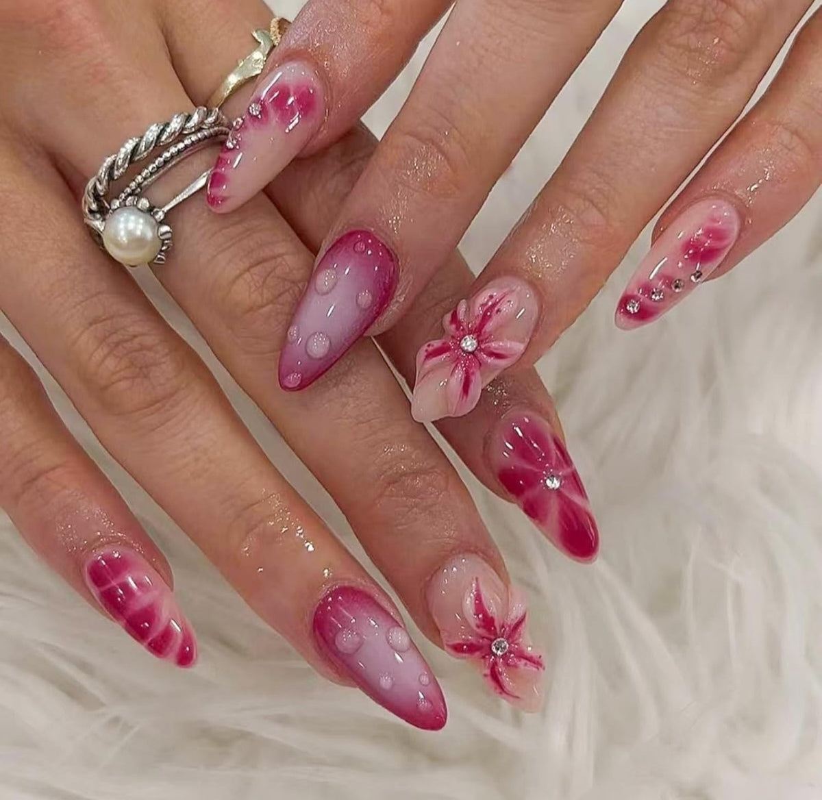 Elegant Pink 3D Floral Rhinestone Press-On Nails Fake Nails 24 Pcs - Free Shipping