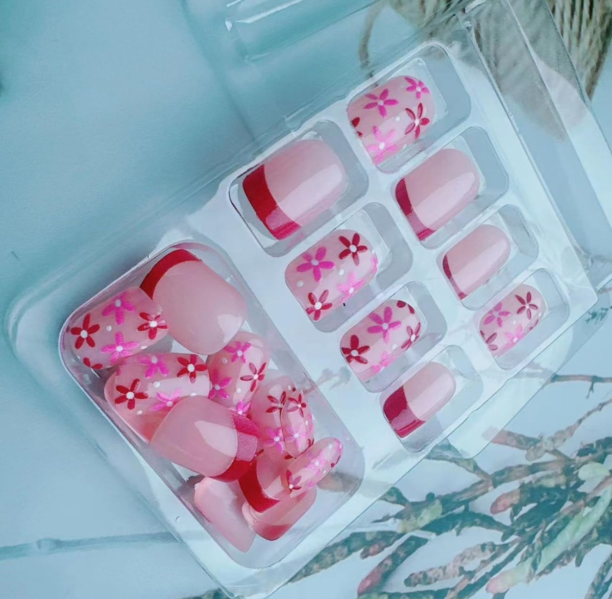 Chic Spring Floral French Tip Press-On Nails Fake Artificial Nails 24 Pcs – Free Shipping