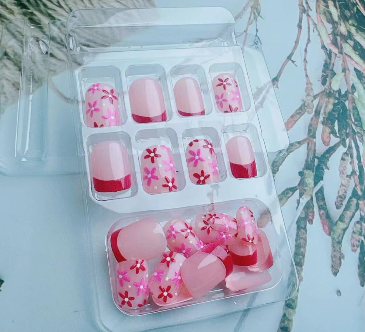 Chic Spring Floral French Tip Press-On Nails Fake Artificial Nails 24 Pcs – Free Shipping